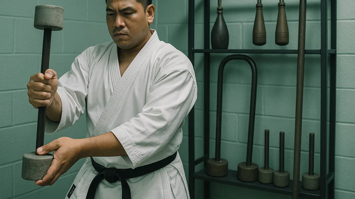A karate practitioner is carefully using a chi-ishi, focusing on slow, controlled movements with a rack of traditional conditioning tools visible in the background.