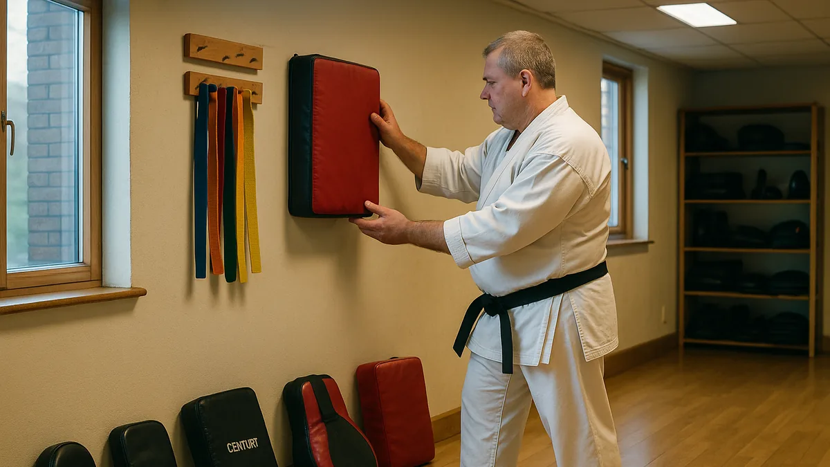 A person is examining a wall-mounted punch shield in a home dojo, with various striking pads and tools laid out on the floor nearby.