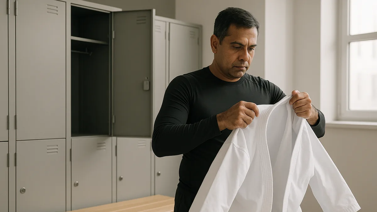 A karate practitioner in a changing room wearing a compression base layer, about to put on their gi jacket.