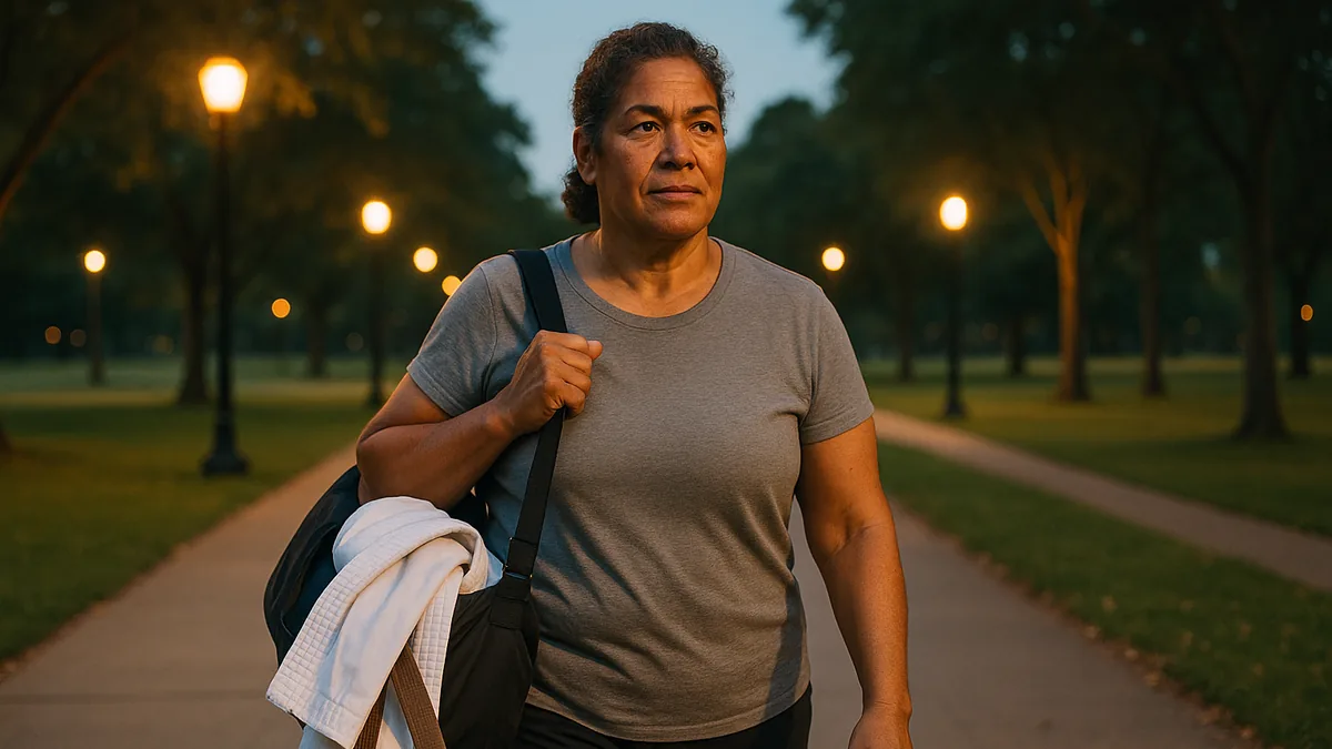 A karateka in casual athletic wear is leisurely walking through a park, with a karate gi and belt visible in a gym bag slung over their shoulder.
