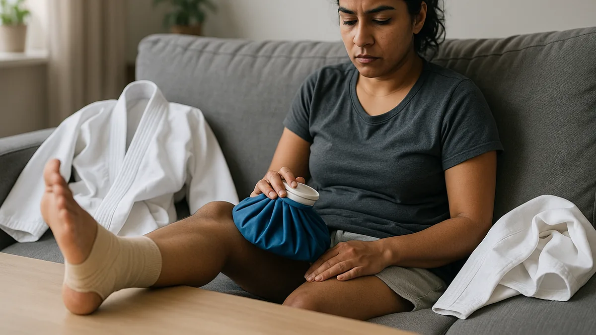 A person sits on a couch with their leg elevated, an ice pack on their ankle, and a karate gi draped over the armrest.
