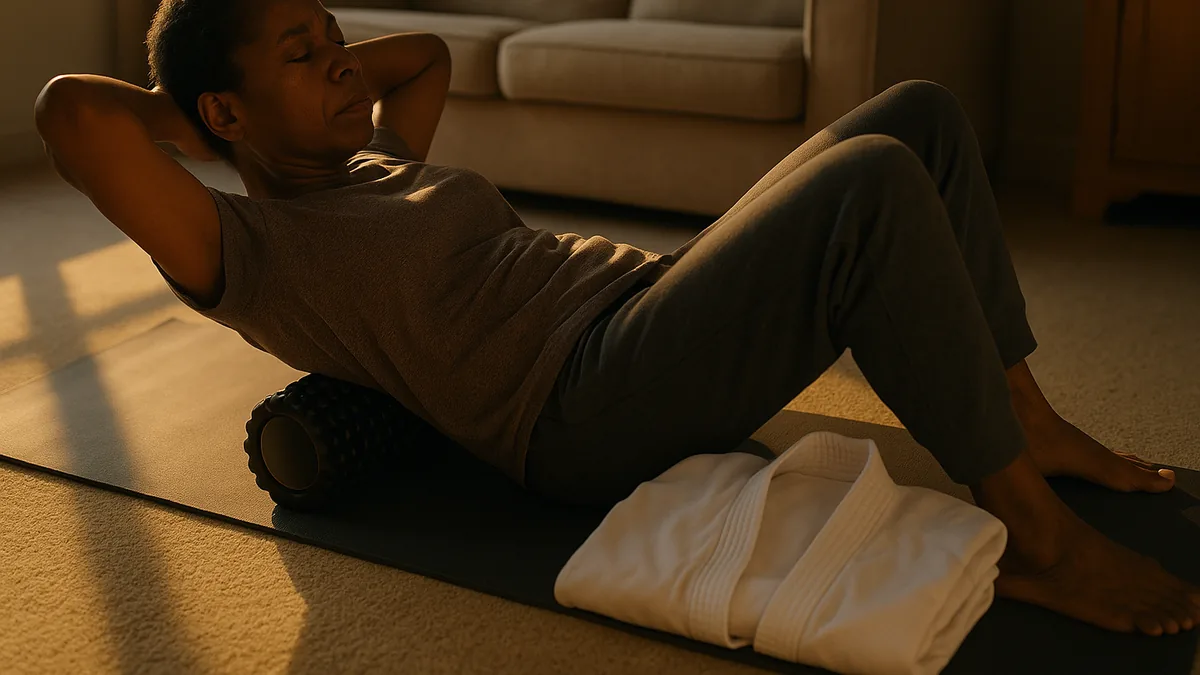 A person is lying on a yoga mat in a living room, using a foam roller on their lower back, with a karate gi folded neatly beside them.