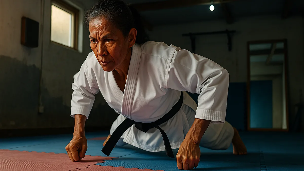 A female competition athlete performing a low-angle core training exercise in a home training space