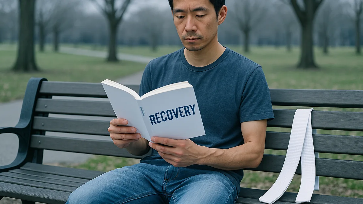 A karateka in casual clothes is sitting on a park bench, reading a book about recovery, with a karate belt draped over the bench beside them.