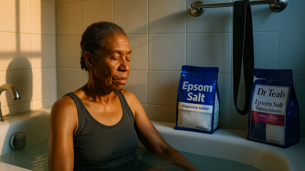 A person is sitting in a bathtub filled with water, surrounded by Epsom salt containers and a karate belt hanging nearby.