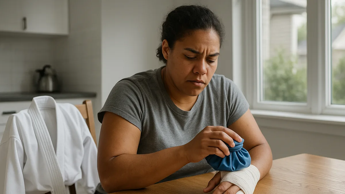 A person sitting at a kitchen table with a hand wrapped in a bandage, a karate gi draped over the chair, and an ice pack nearby.