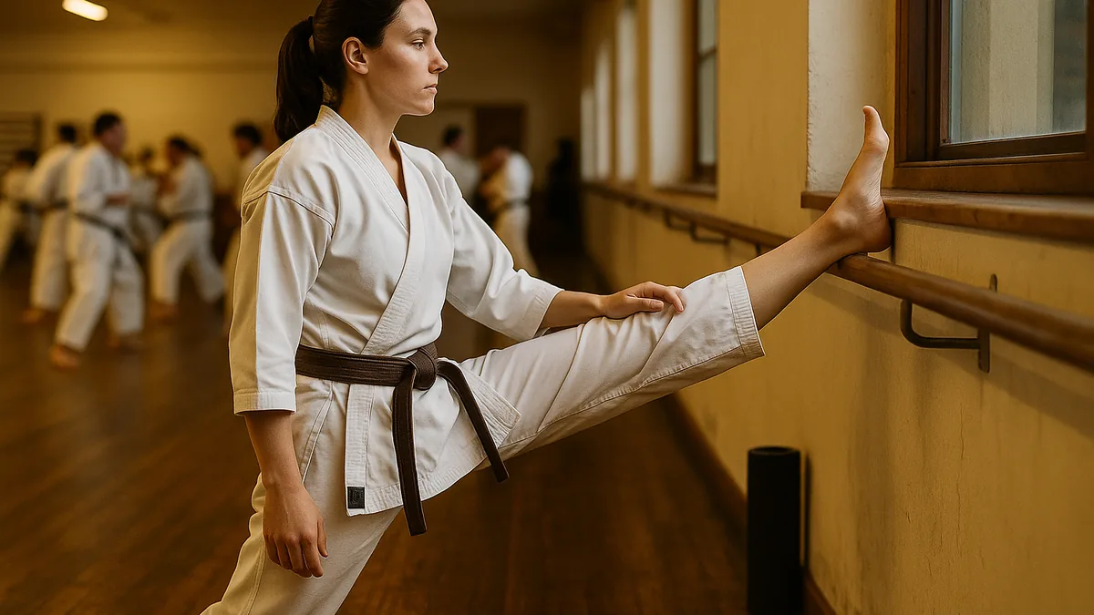 A female karate practitioner in brown belt performing a hip flexor stretch on a wall-mounted rail in a dojo