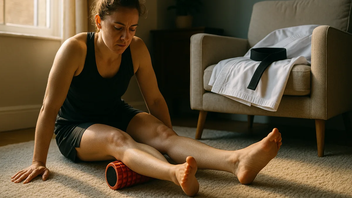 A person in gym clothes is using a foam roller on their quads in a living room, with a karate belt and gi folded neatly on a nearby chair.