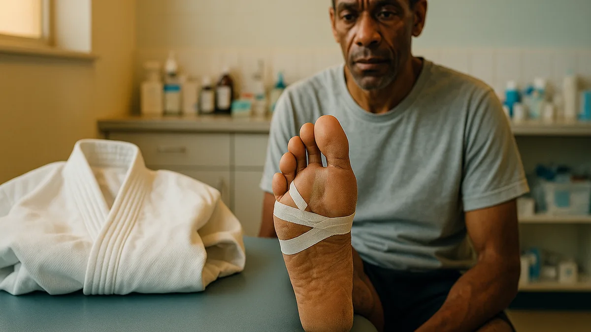 A close-up of a person's foot with several toes taped, resting on a medical examination table with a karate gi folded nearby.