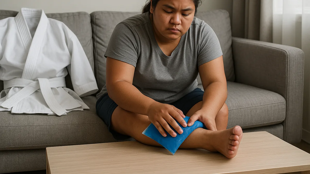 A karateka sits on a couch, leaning forward to press a blue ice pack against their own ankle, which rests on a low table — the leg and foot forming one continuous, connected limb.