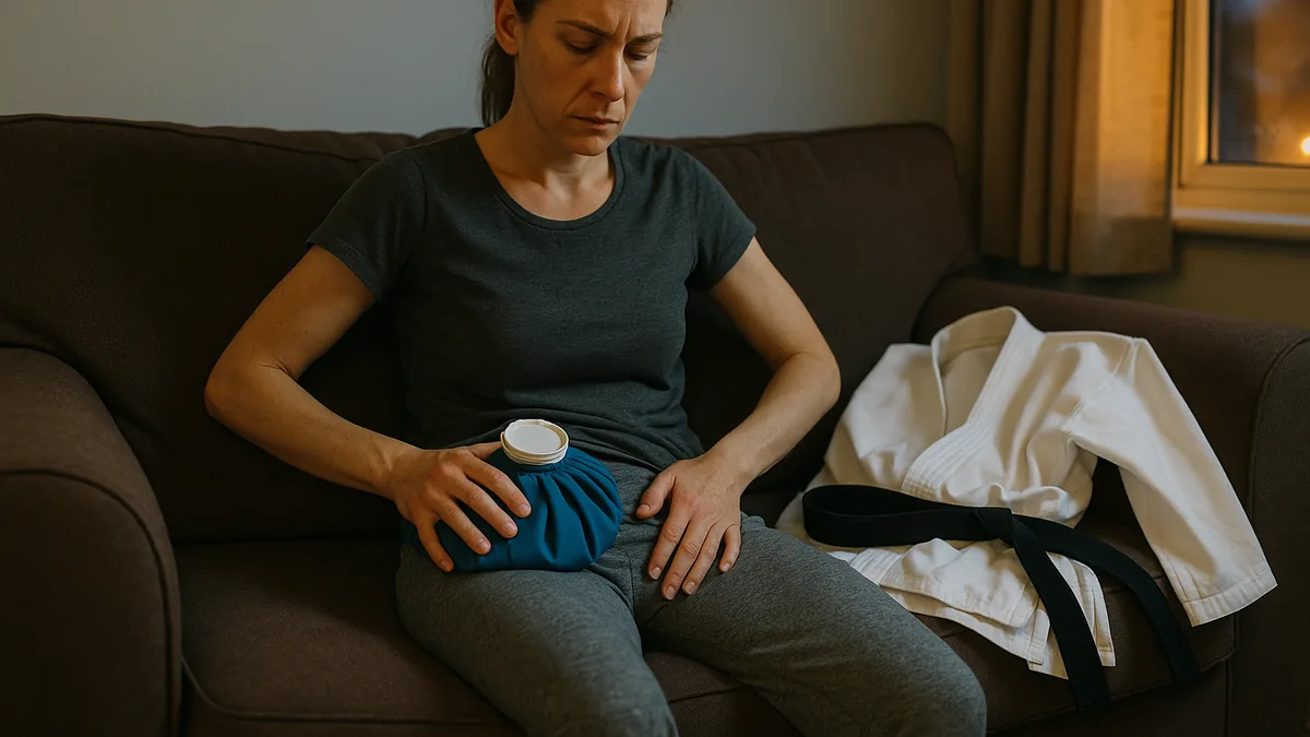 A person is sitting on a couch with an ice pack on their hip, a karate gi and belt draped over the armrest.