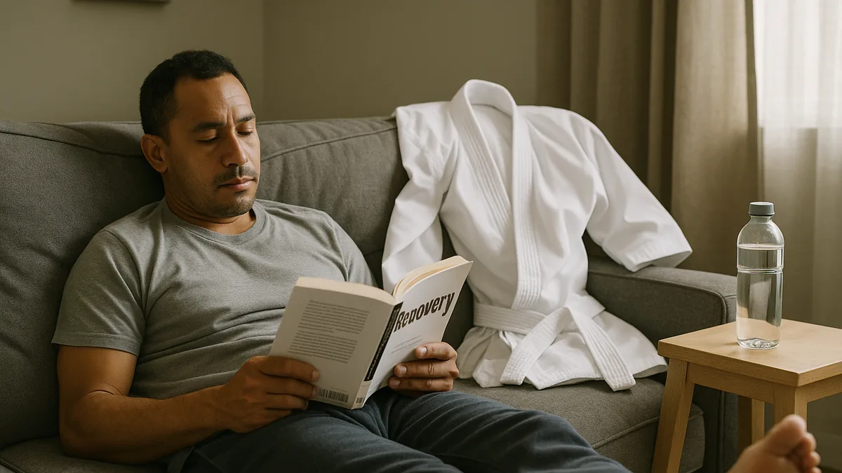 A karate practitioner is lying on a couch with a book on recovery, a gi draped over the back of the couch, and a water bottle on the side table.