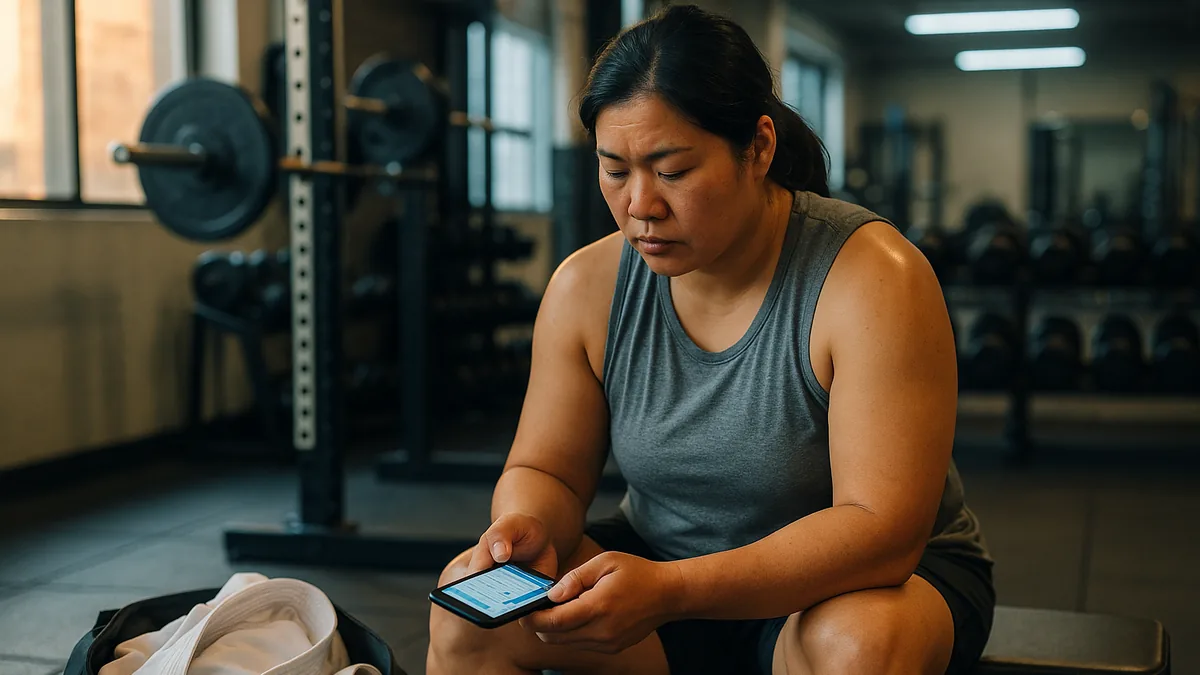 A karateka in gym clothes is sitting on a bench in a gym, looking at a schedule on their phone with a gi and belt visible in their gym bag beside them.