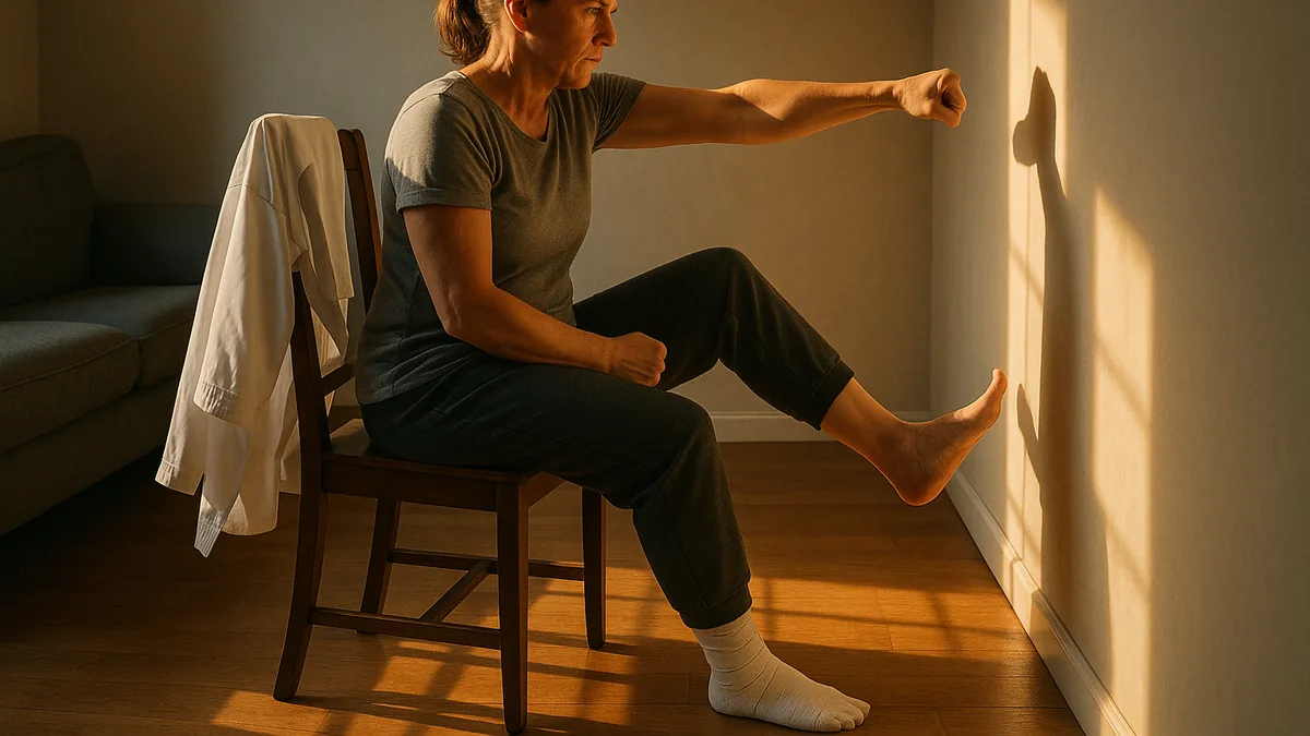 A person in casual clothes sits on a chair with one leg elevated, performing a focused isometric punch against a wall, with a karate gi draped over the back of the chair.