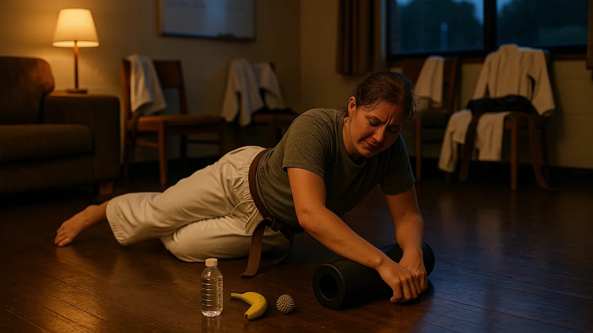 Tired karate practitioner foam rolling sore leg muscles in a training camp common room after a full day of sessions
