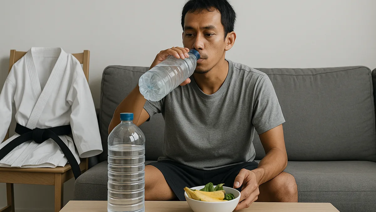 A karateka is sitting on a couch at home with a large water bottle and a small bowl of bananas and leafy greens on the coffee table, a gi and belt draped over a nearby chair.