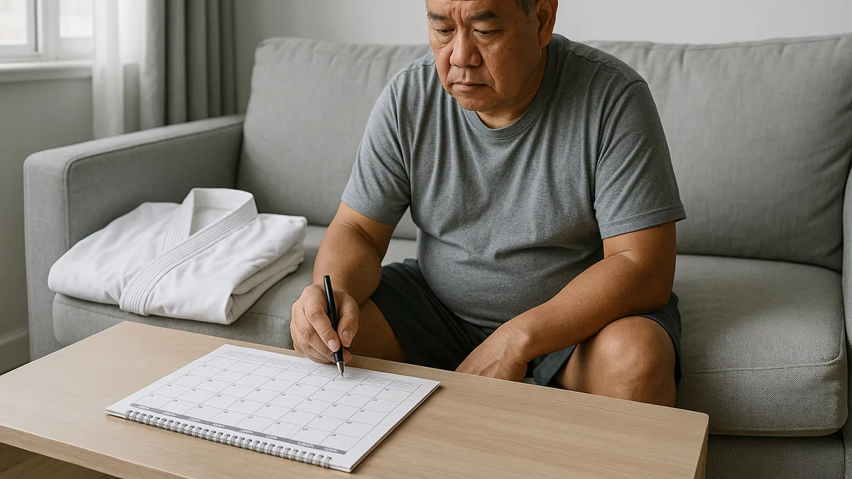 A karate practitioner is sitting on a couch with a calendar and a pen, planning their taper week with a gi folded neatly beside them.