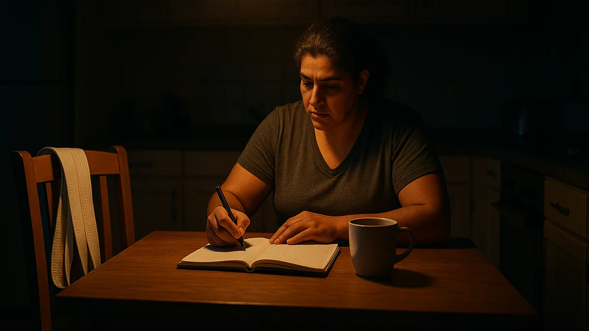A person sits at a kitchen table in the morning, writing in a training diary with a cup of tea and a karate belt draped over the chair.
