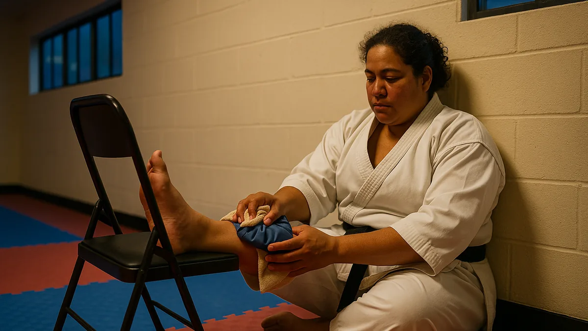 A karateka sits against the dojo wall with a swollen ankle elevated on a chair, applying an ice pack wrapped in a cloth.