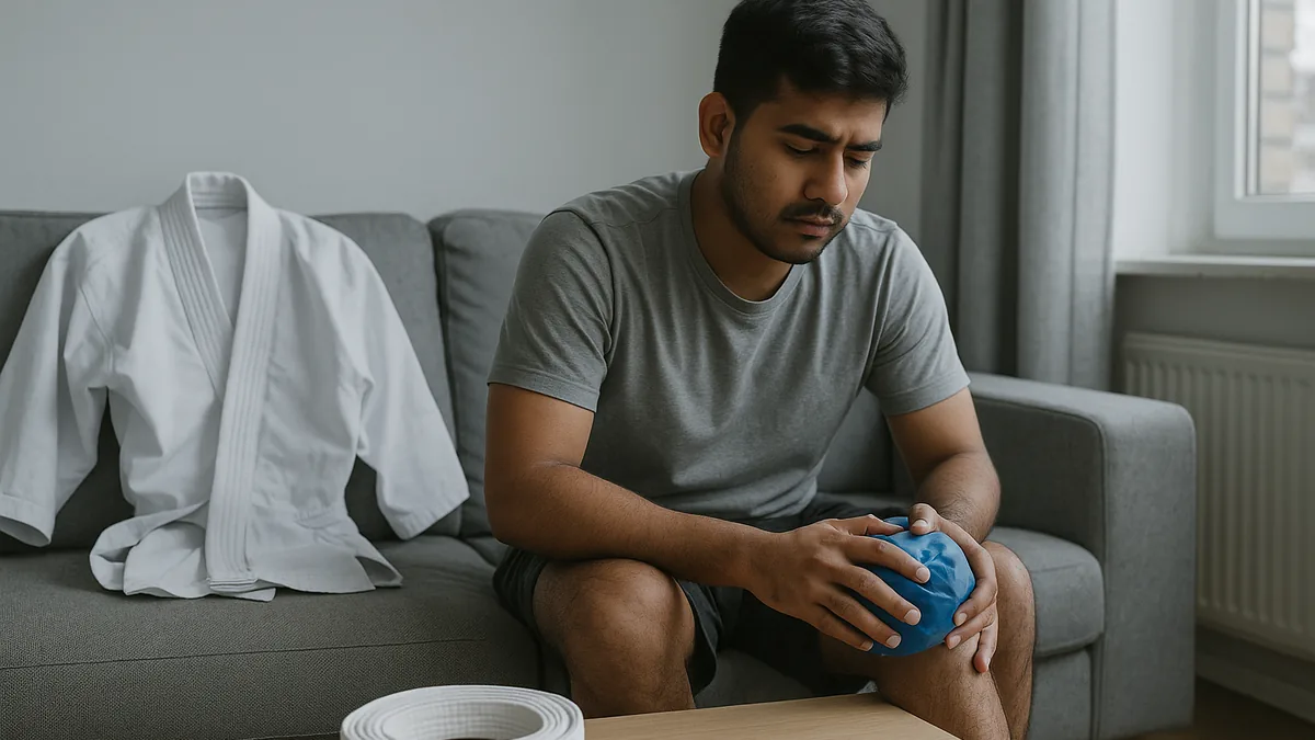 A person sitting on a couch with an ice pack on their knee, a karate gi draped over the back of the couch.