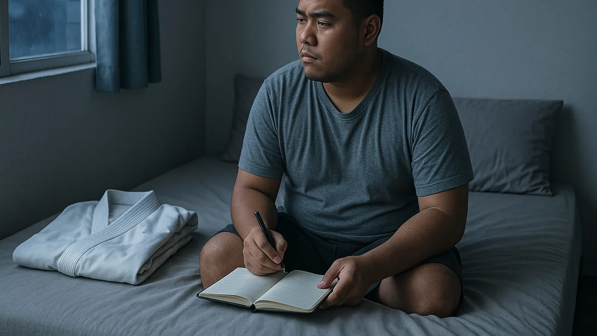 A person sits on their bed with a contemplative expression, a karate gi folded neatly beside them and a journal open on their lap.
