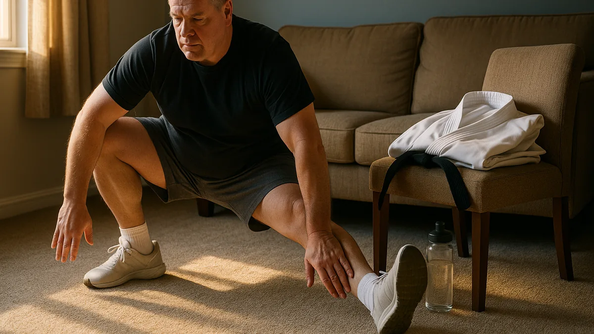 A person in casual athletic wear is performing dynamic stretches in a living room, with a karate gi and belt neatly folded on a nearby chair.