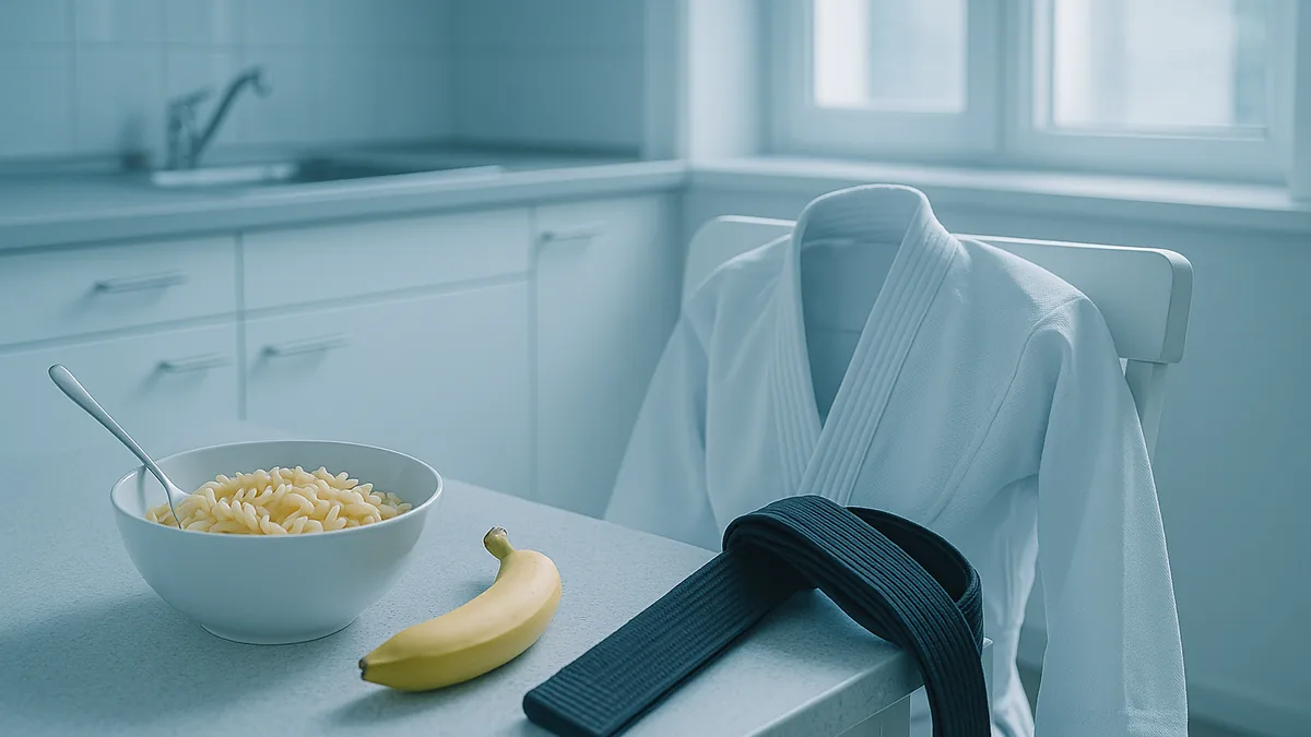 A kitchen counter with a bowl of pasta, a banana, and a karate belt draped over a chair.