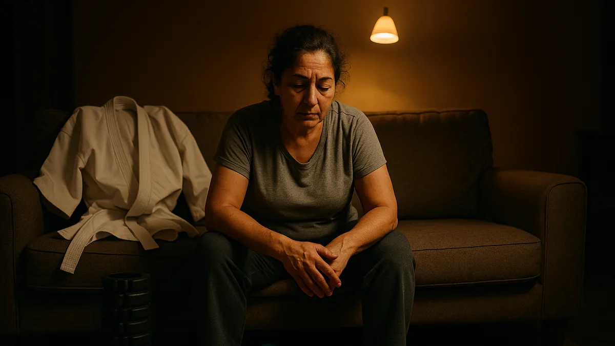 A tired karate practitioner sitting on a living room couch, surrounded by recovery tools like foam rollers and a heart rate monitor, with a gi draped over the back of the couch.