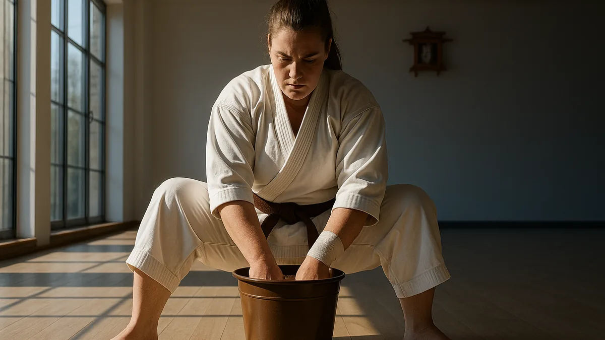 A female karateka doing wrist strengthening exercises with a rice bucket in a minimalist dojo with dramatic side lighting
