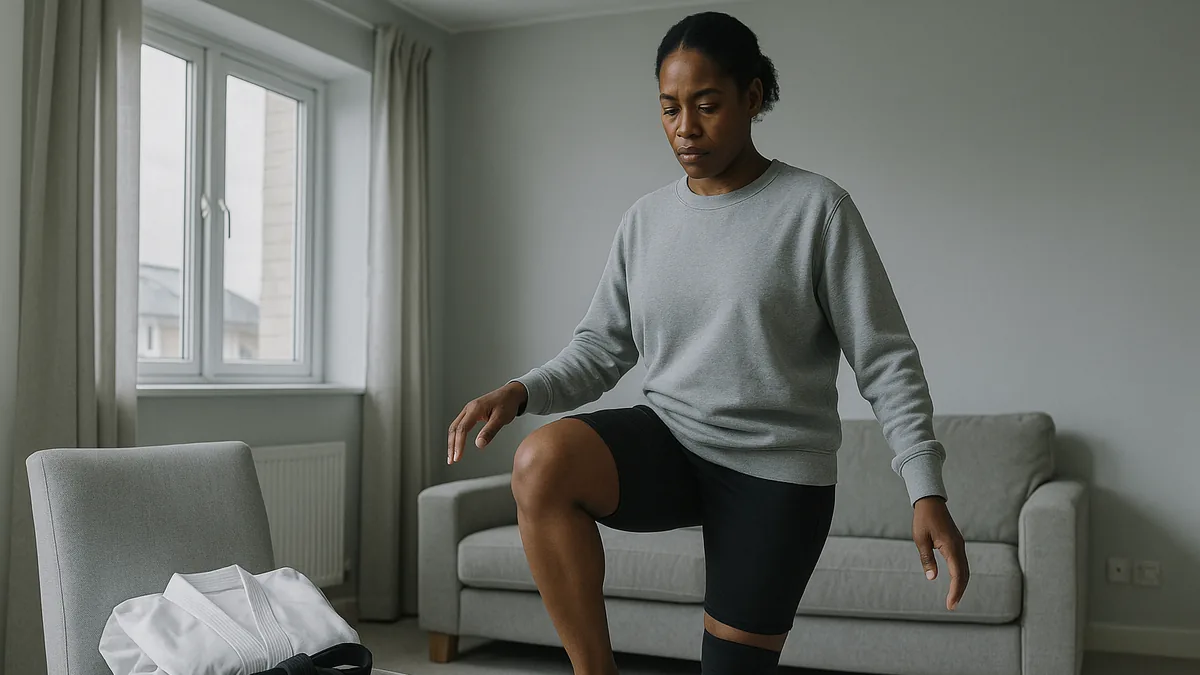 A person in casual athletic wear is balancing on one leg in a living room, with a karate gi and belt neatly folded on a nearby chair.