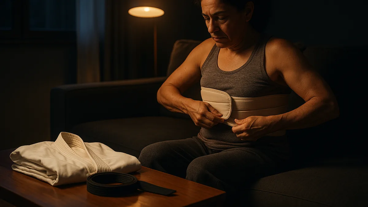 A person sitting on a couch with a rib support belt loosely wrapped around their torso, a karate gi folded neatly on the coffee table beside them.
