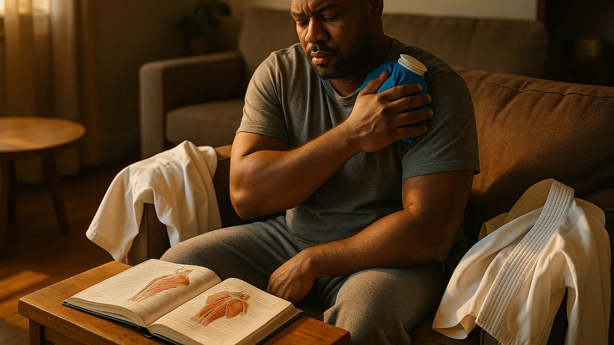 A person sits on a couch with an ice pack on their shoulder, a karate gi draped over the armrest, and a book on shoulder anatomy open beside them.
