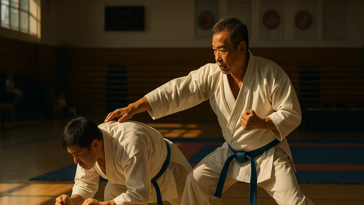 Karate two person drill in competition venue — dynamic