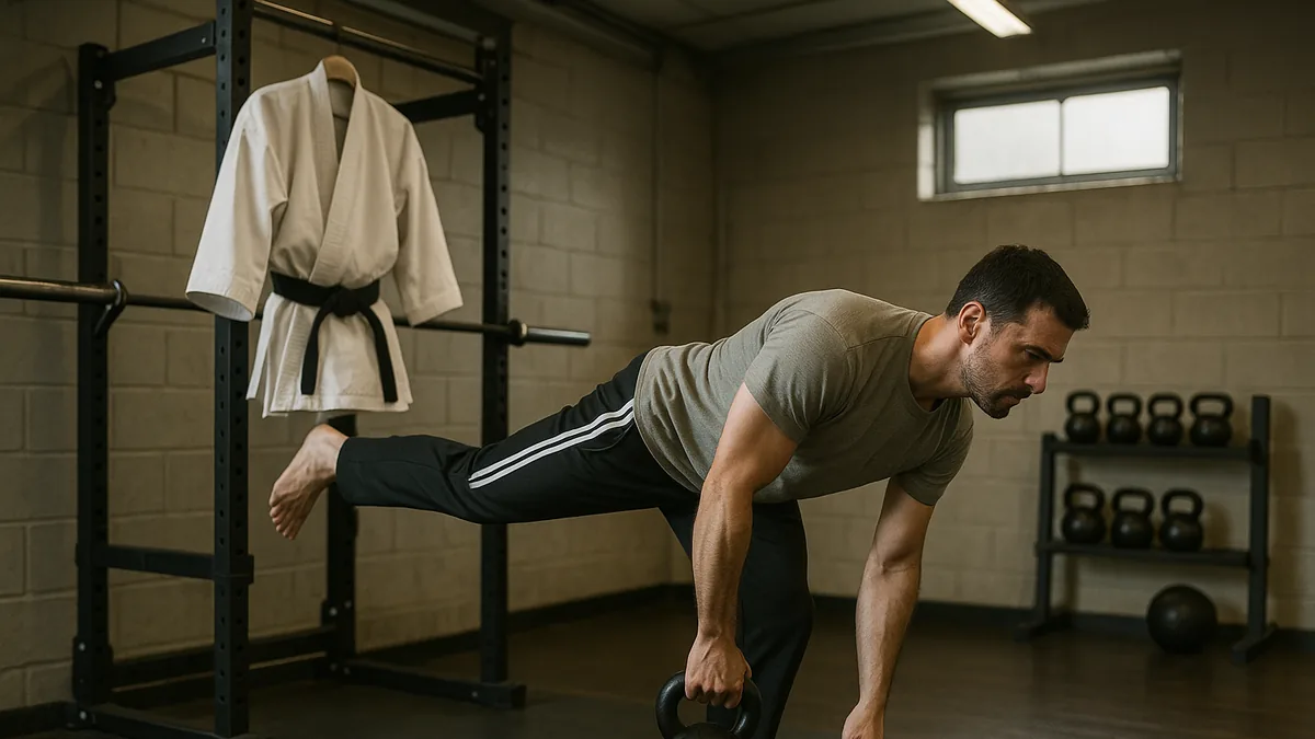 A karate practitioner performing a single-leg Romanian deadlift with a kettlebell in a functional gym with gi jacket hung on squat rack