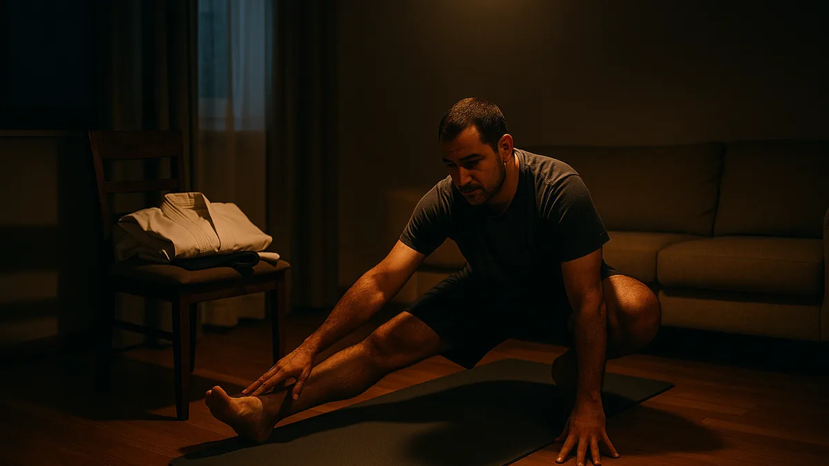 A person in workout clothes is performing dynamic stretches in a living room, with a karate gi and belt neatly folded on a chair nearby.