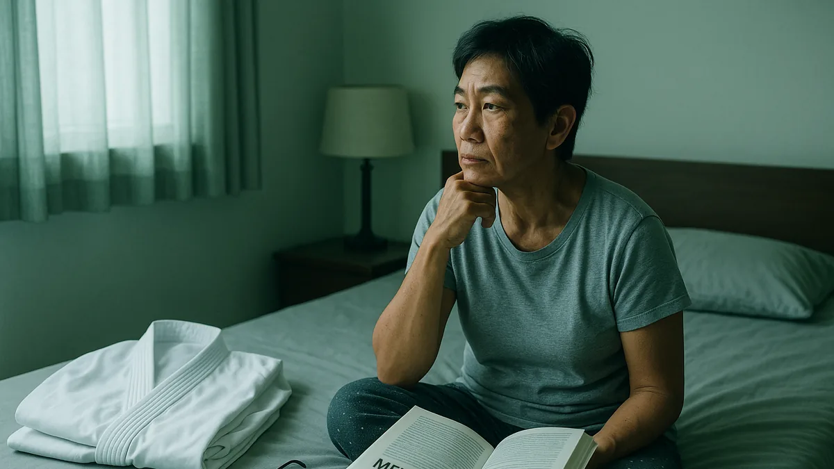 A woman in her 50s is sitting on her bed with a thoughtful expression, a gi folded neatly beside her, and a book on menopause open in her lap.