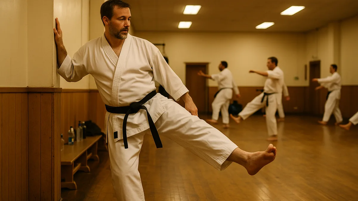A black belt karate practitioner performing dynamic leg swings at the start of class with students warming up behind him