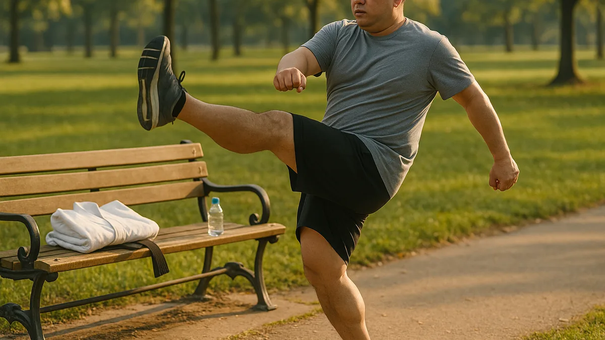 A karateka in casual workout clothes is performing dynamic leg swings in a park, with a karate gi and belt neatly folded on a nearby bench.