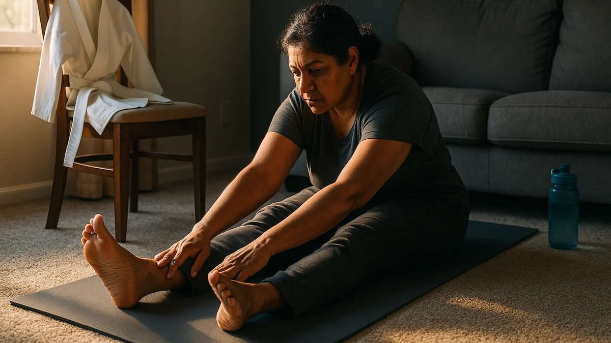 A man in his mid-thirties is stretching in his living room, with a karate gi hanging on a nearby chair, focusing on his hamstrings and hips.