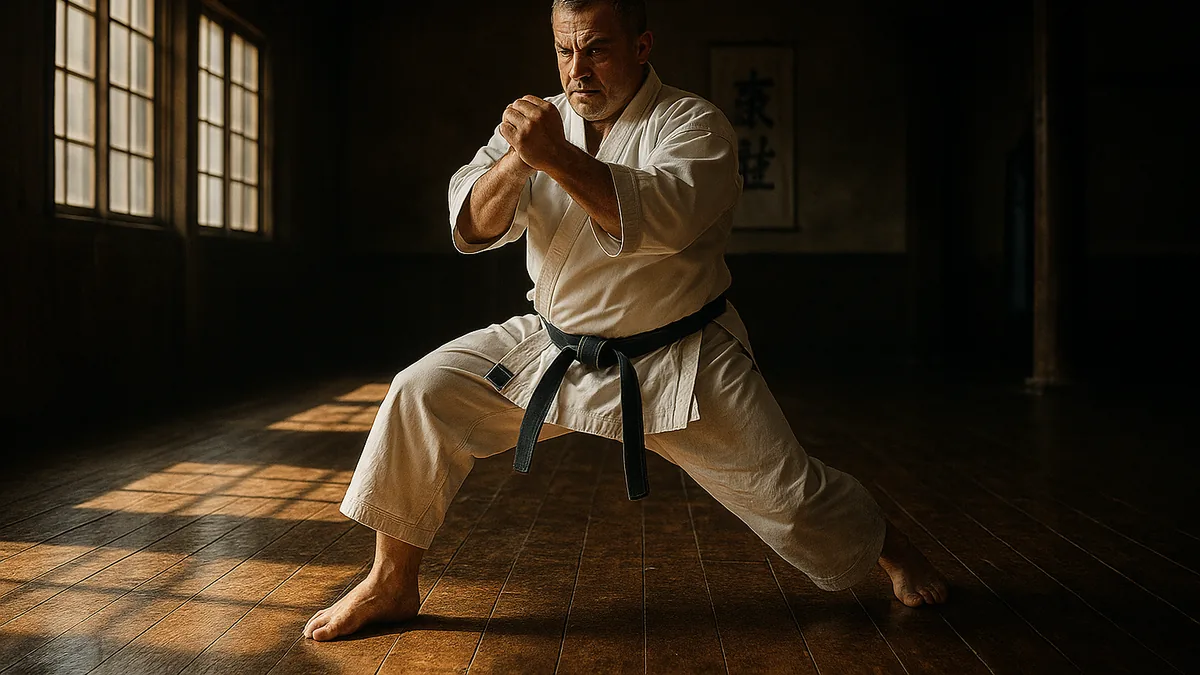 Karate practitioner performing Bassai Dai kata with power and intent