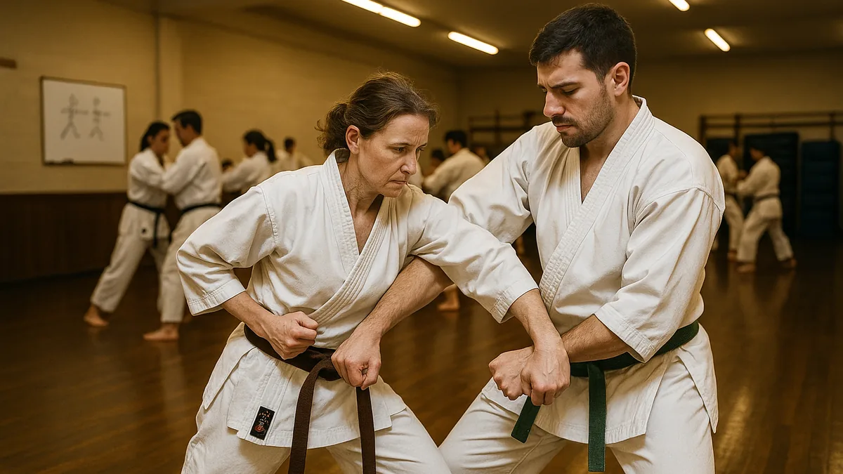 Two karate practitioners performing a bunkai partner drill with wrist control and elbow strike at close range