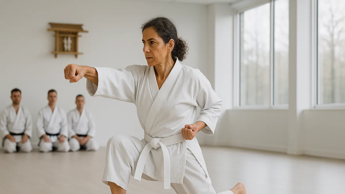 A karate practitioner is captured mid-kata, precisely stepping along a marked floor pattern that highlights the embusen of the kata.