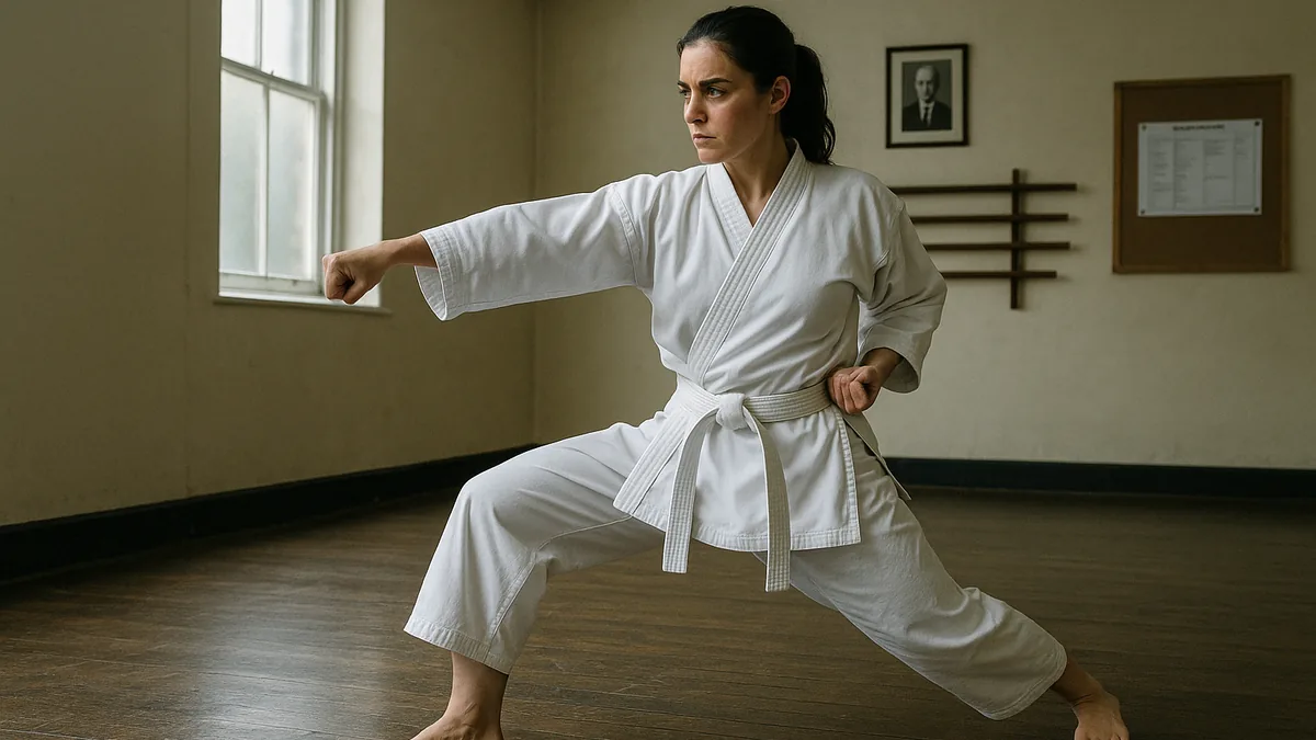 Karate practitioner performing Heian Shodan in a dojo