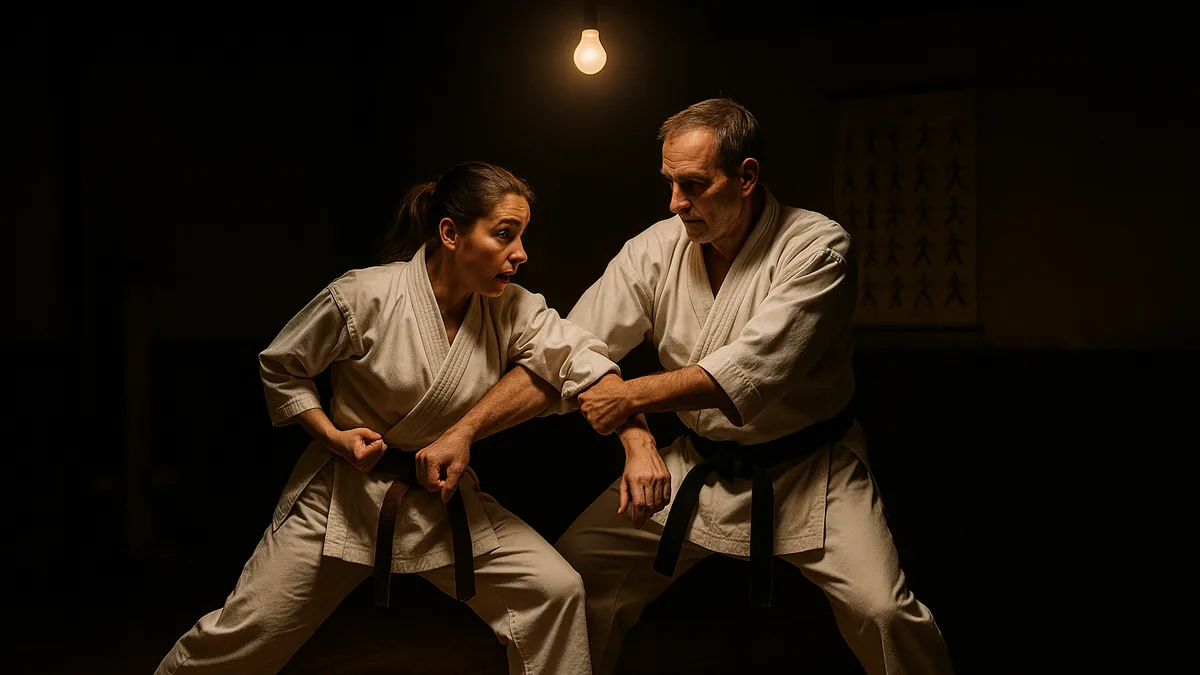 An instructor demonstrating a hidden joint lock application from kata to a student in a dimly lit dojo