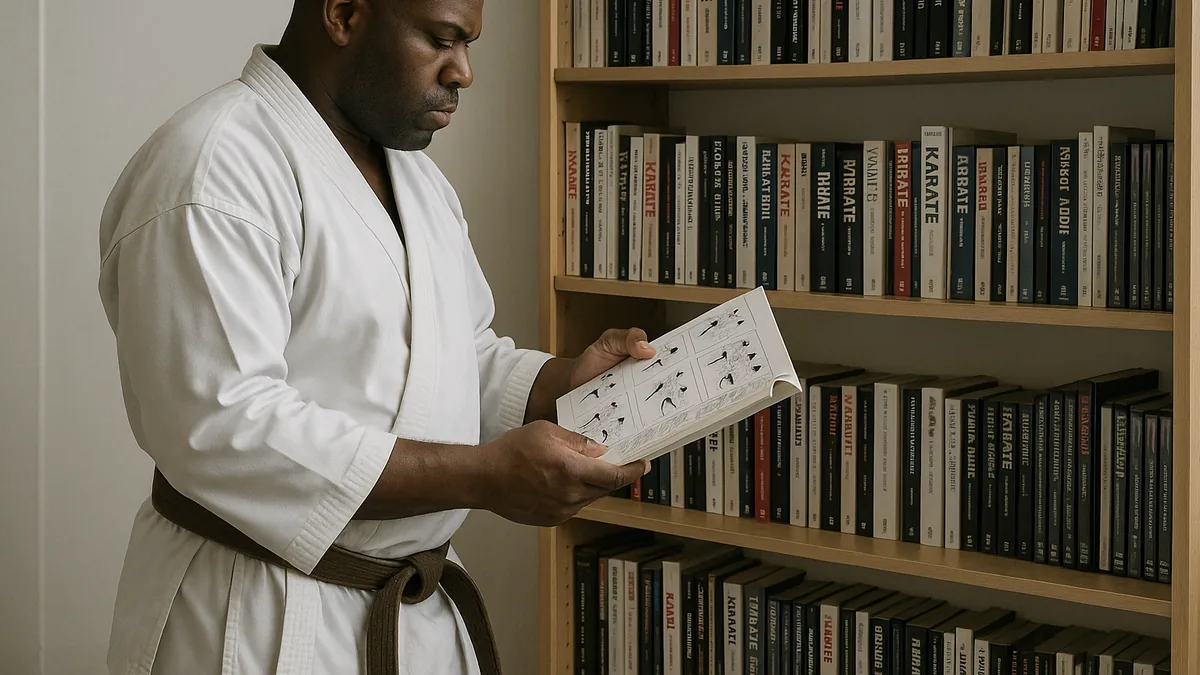 A karate practitioner stands in front of a shelf filled with karate books and DVDs, holding a single kata manual open, deeply focused on its content.