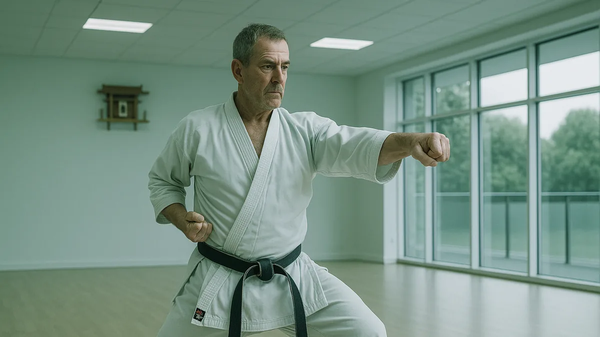 A karate student is practicing a kata section in isolation, focusing intently on their footwork and stance.
