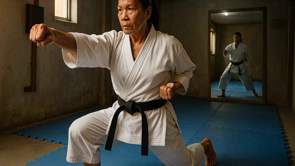 A karate practitioner performing a slow-motion kata with intense focus, pausing mid-technique to check their form.
