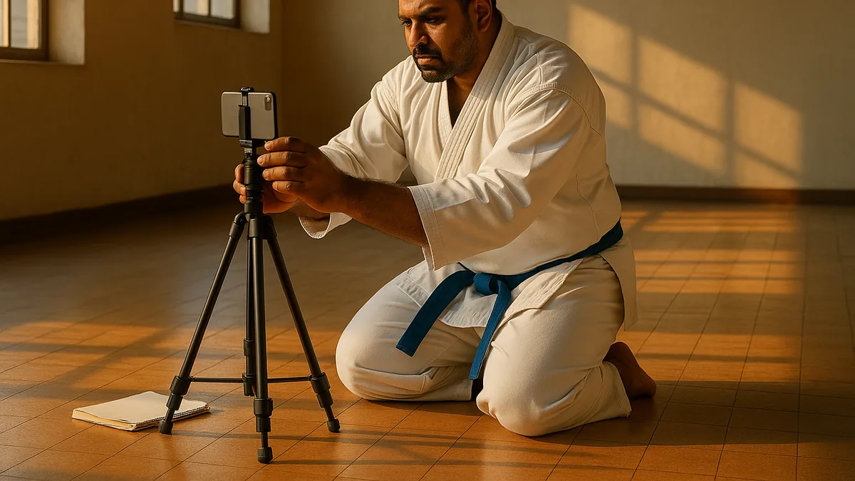 A karate practitioner is setting up a smartphone on a tripod to film their kata practice in an empty dojo.
