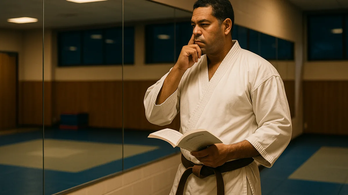 A karate student stands in a dojo, looking at a mirror with a thoughtful expression, while holding a kata manual in one hand and a belt in the other.