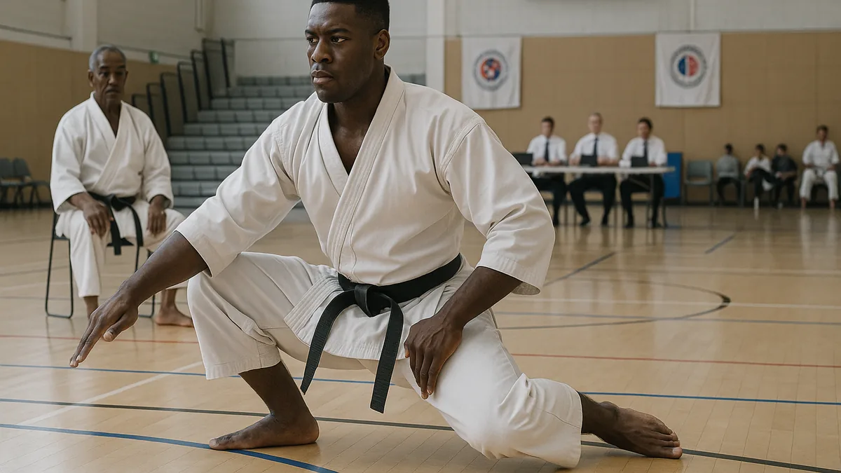 A group of karate students performing Heian Shodan kata with focused expressions, each concentrating on a specific aspect of their form.